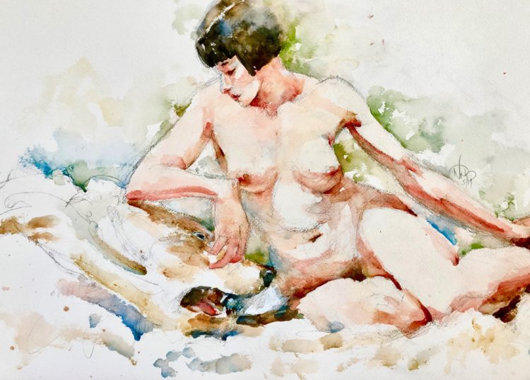 Nude with head of a dead animal